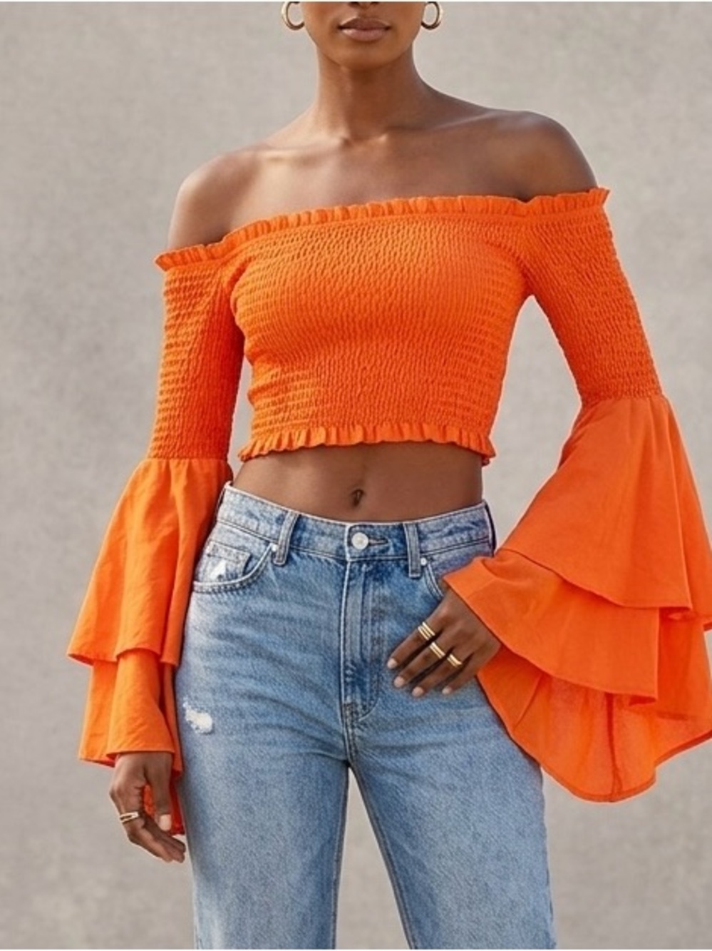 Off-Shoulder Smocked Crop Top with Layered Bell Sleeves - Orange